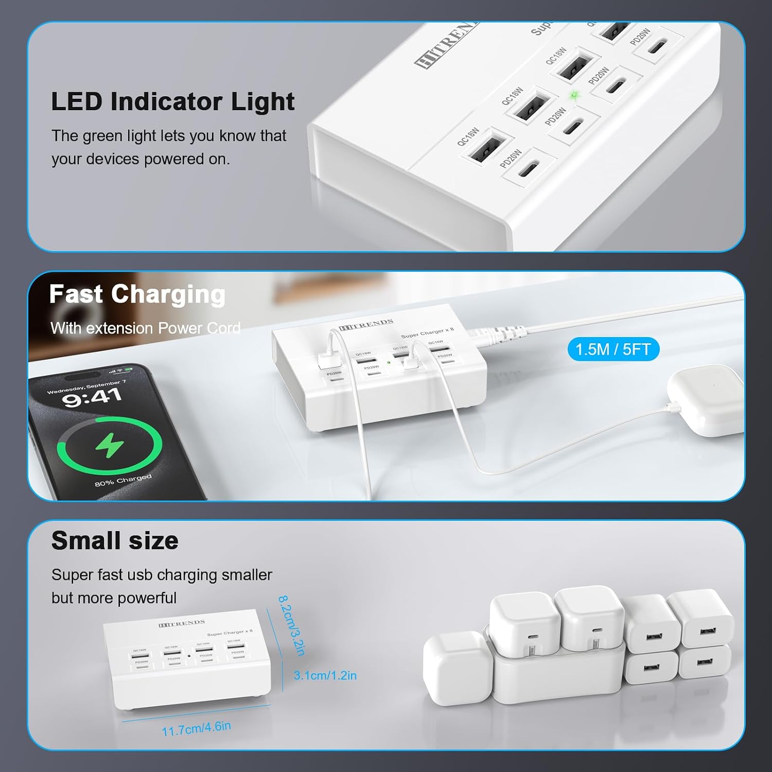 USB charger with USB C PD20W and USB A QC18W, 60W PD fast charging station, 5ft 8-port multiple desktop multi port USB charging hub compatible with iPad iPhone 17/16/15/14, Galaxy S24/S23/S22 - view 4