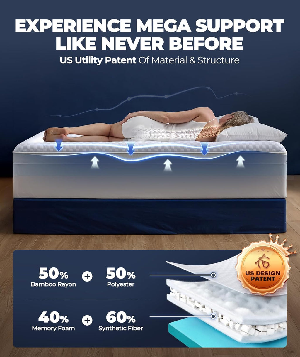 5 inch mega support memory foam queen mattress topper for pressure relief, dual layer 2.5" pillow top mattress topper queen plus 2.5" cooling gel infused memory foam mattress pad - view 3