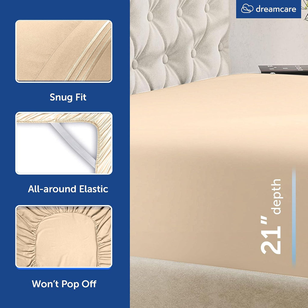 King Size Sheets Set - 4 pcs Breathable Cooling Sheets - up to 21" Extra Deep Pocket King Sheet Set with Side Pockets - Extra Soft 100% Brushed Hypoallergenic Hotel Luxury Bedding, Wheat | up to 21" Extra Deep Pocket King Sheet Set with Side Pockets - Ext - view 6