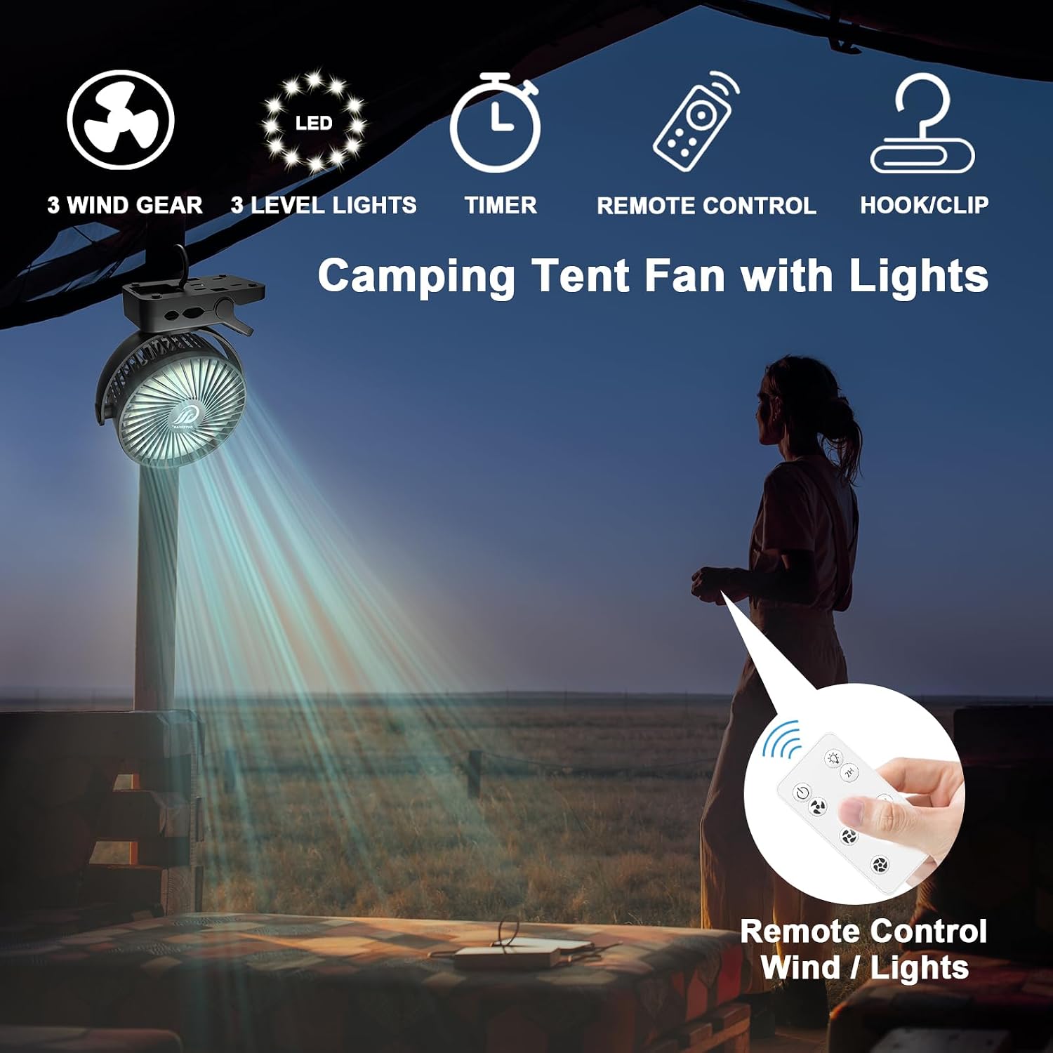 Portable fan with remote control & timer & LED lights, 60hrs 12000mAh USB rechargeable battery, clamp/hanging/stand up, small clip on fan for baby stroller, bed, desk, camping tent, travel - view 2