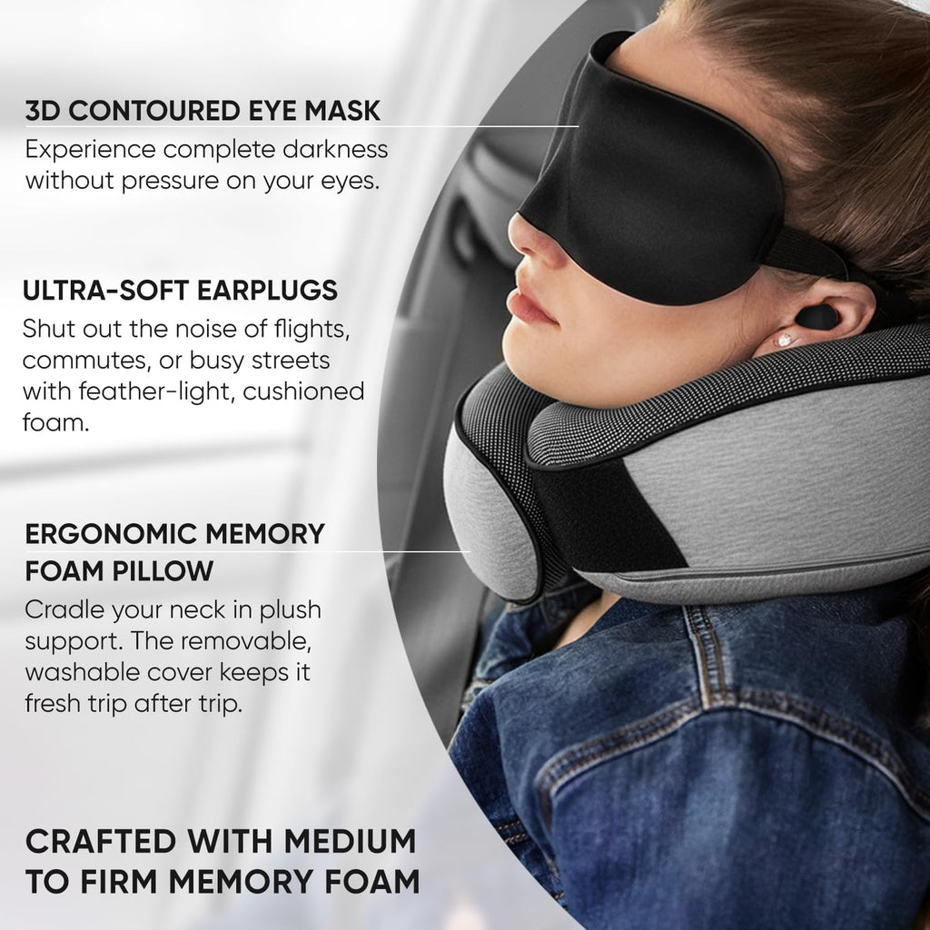 Travel neck pillows for airplanes, sleeping essentials for long haul flights, 360° head support, car and airplane kit with 3D contoured eye mask, earplugs and luxury mesh bag (adult, grey) - view 4