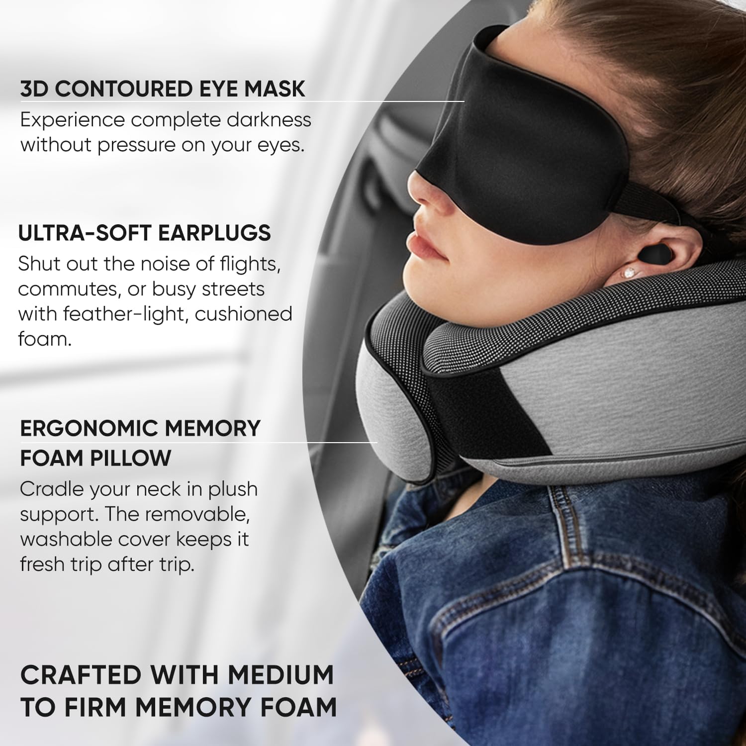 Travel neck pillows for airplanes, sleeping essentials for long haul flights, 360° head support, car and airplane kit with 3D contoured eye mask, earplugs and luxury mesh bag (adult, grey) - view 4