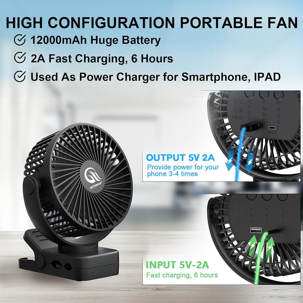 Portable fan with remote control & timer & LED lights, 60hrs 12000mAh USB rechargeable battery, clamp/hanging/stand up, small clip on fan for baby stroller, bed, desk, camping tent, travel - view 7
