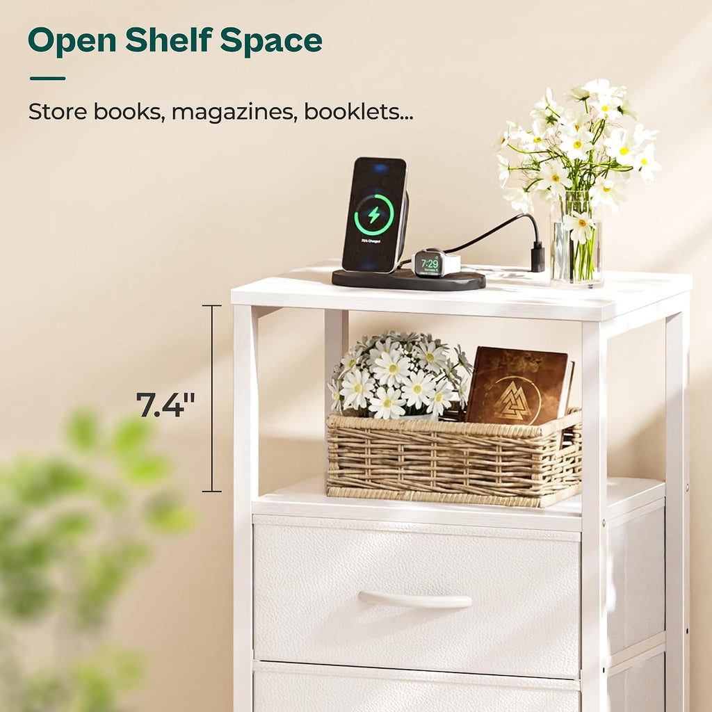 Nightstand with charging station, side table with 2 fabric drawers, end table with open shelf, bedside table with USB-C port and outlets, night stand, PU leather, White - view 7