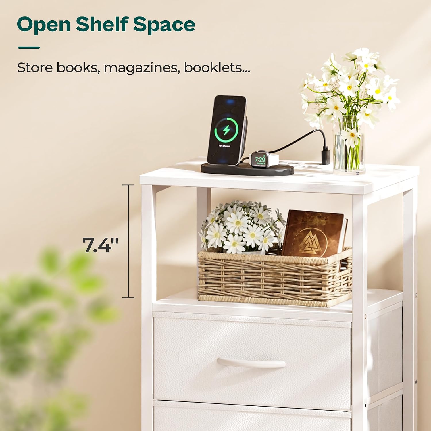 Nightstand with charging station, side table with 2 fabric drawers, end table with open shelf, bedside table with USB-C port and outlets, night stand, PU leather, White - view 7