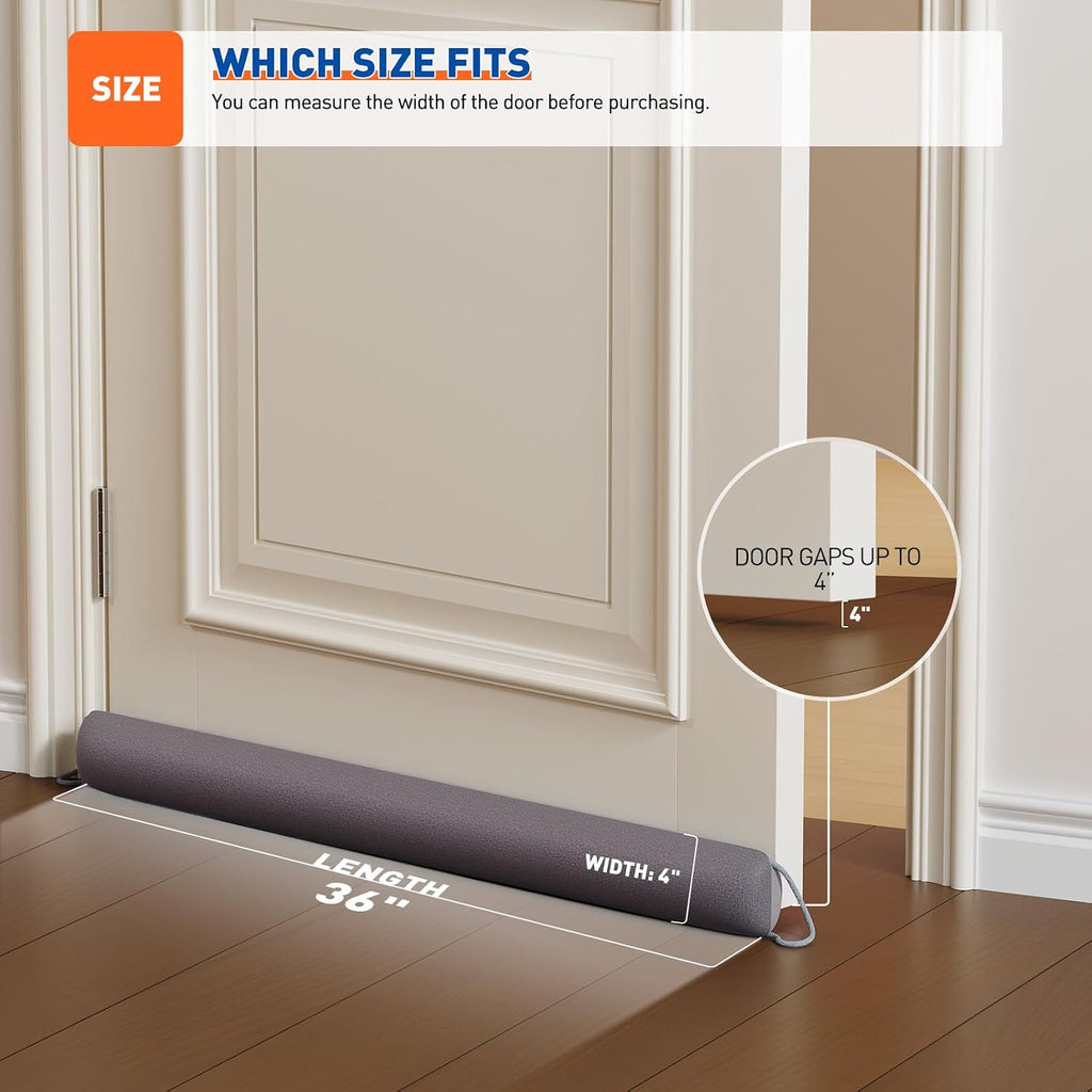 Door draft stopper 36 inches, energy saving, gray | weighted sound proofing for door draft blocker, under door gap filler with machine washable fabric - view 3