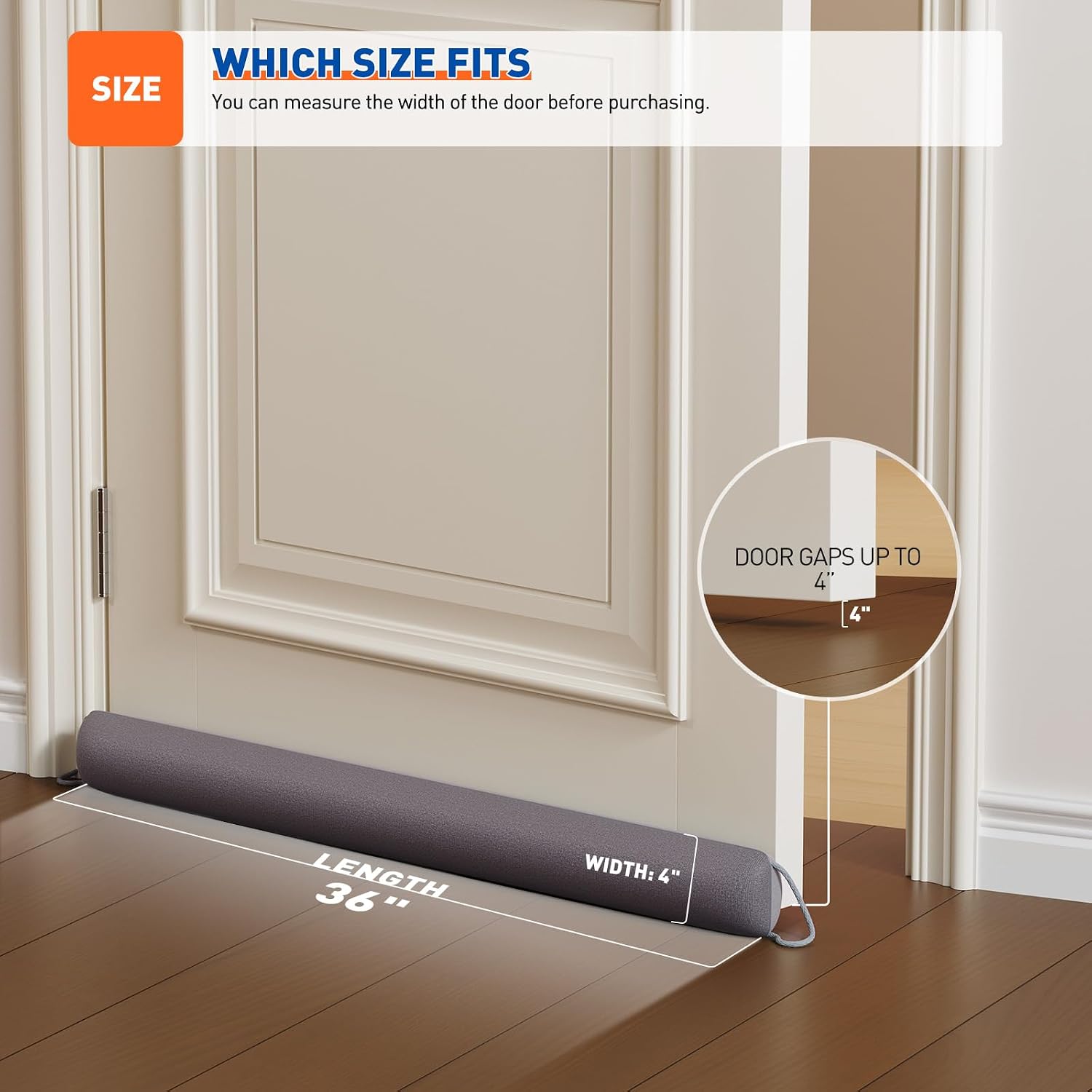 Door draft stopper 36 inches, energy saving, gray | weighted sound proofing for door draft blocker, under door gap filler with machine washable fabric - view 3