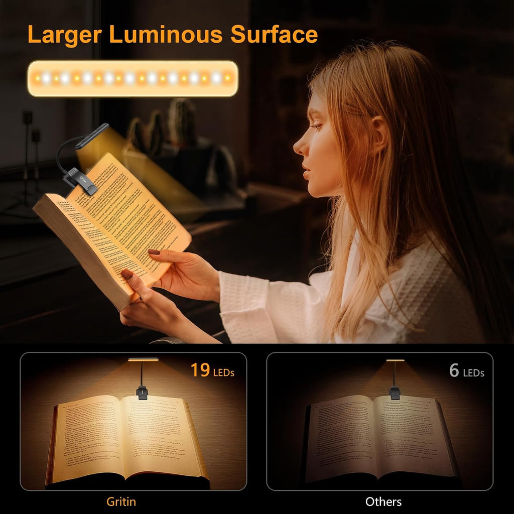 19 LED Rechargeable Book Light for Reading in Bed | Eye Caring 3 Color Temps,Stepless Dimming Brightness,Memory Function,90 Hrs Runtime Lightweight Clip on Light for Book Lovers - view 5