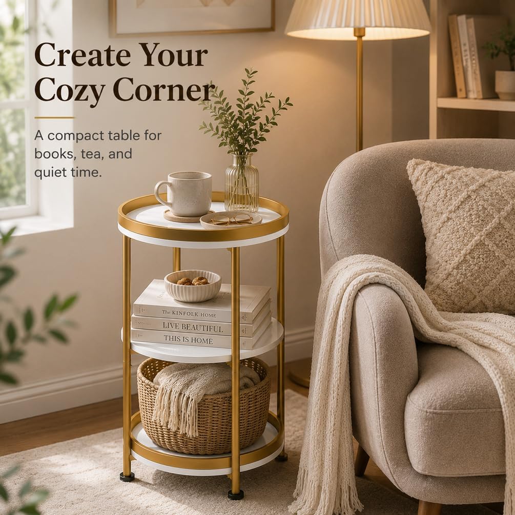 Round Side Table with Storage Tray for Living Room, 15" L x 15" W x 24" H Bedroom Nightstand 3 Tiers Bedside Table with Steel Frame for Small Spaces (White & Gold) - view 5
