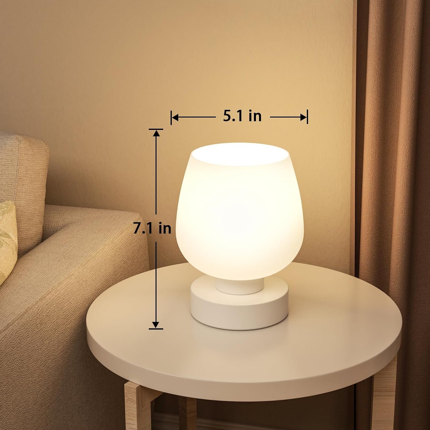 Small Touch Table Lamp for Nightstand, 3 Way Dimmable Bedside Lamp | White Glass Shade, Bedroom, Living Room, Night Stands, Small Spaces, LED Bulb Included, Gift Choice - view 5