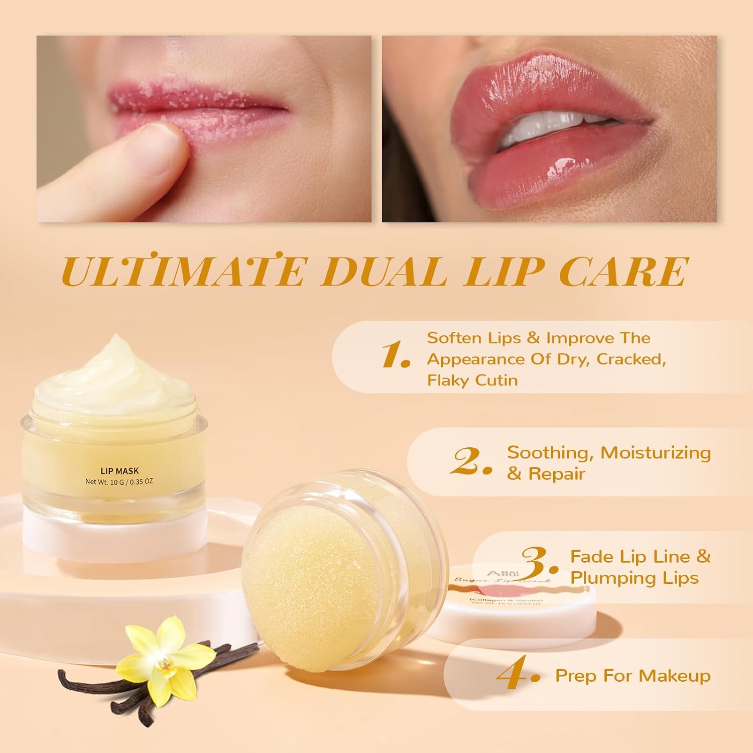 Lip Scrub & Lip Mask Set, Vanilla | Lip Sleeping Mask, Lip Exfoliator Scrub for Exfoliating, Lip Overnight Treatment, Lip Care Gift Kits for Dry, Chapped Lips - view 3