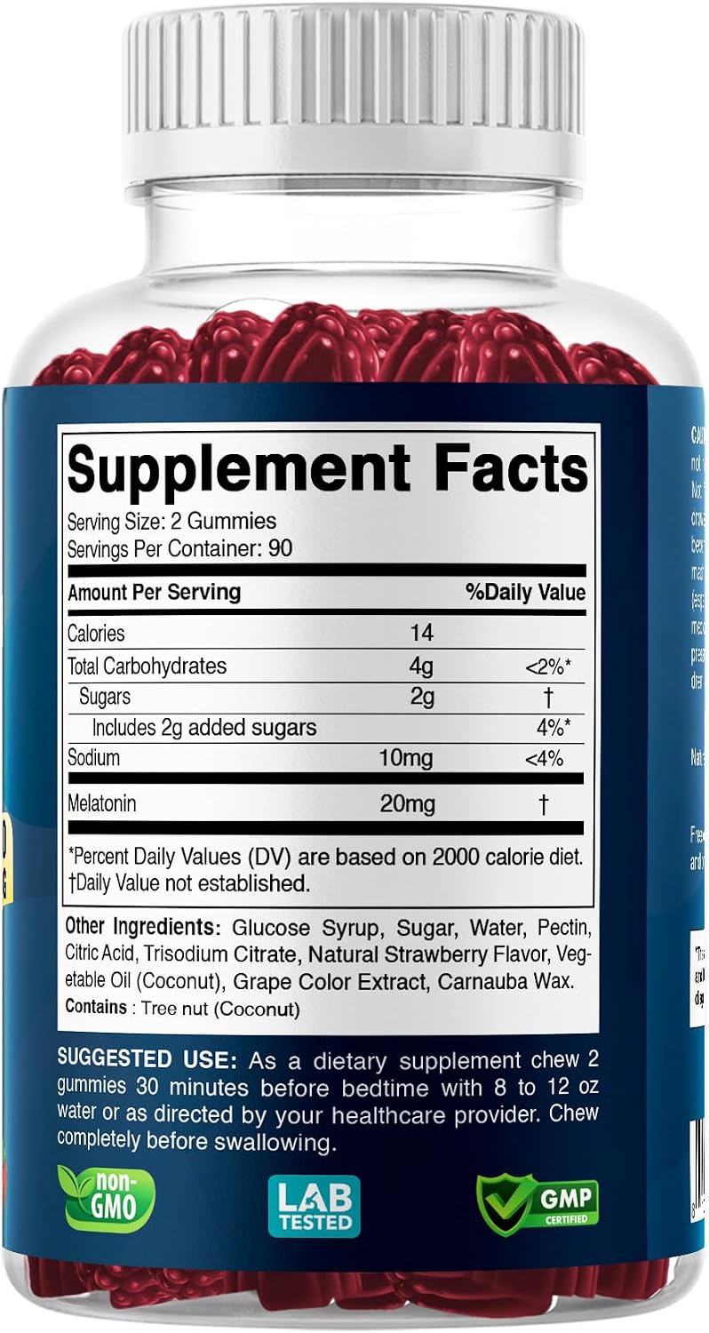 Melatonin 20mg Gummies - 180 Count - Drug Free - Natural Strawberry Flavor - Vegetarian, Non-GMO, Gluten Free (3 Bottles) - view 7