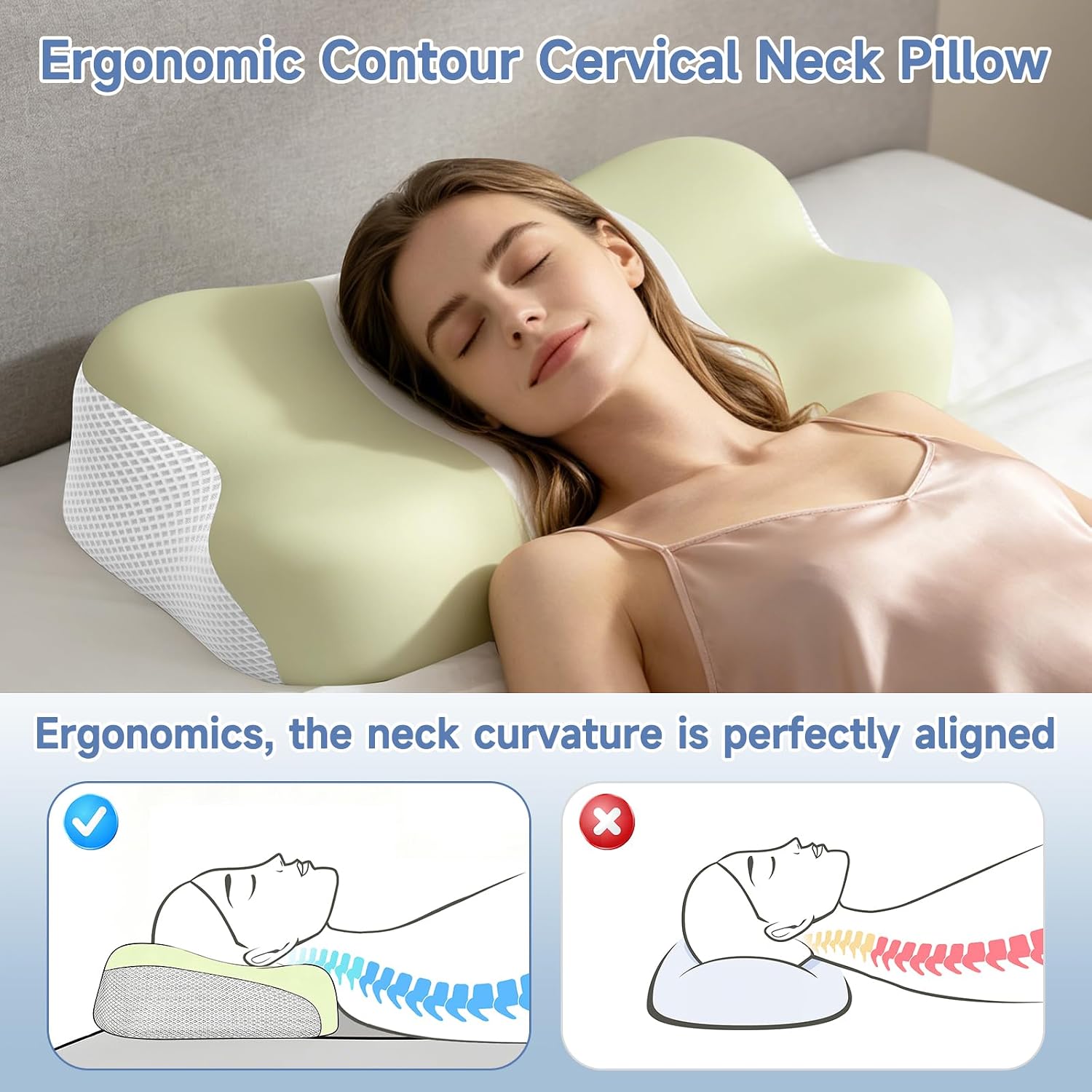 Memory Foam Cervical Pillow, Neck Comfort Support,Ergonomic High-Low Contour Neck Pillow, Supportive Sleeping Pillow for Side, Back, Stomach Sleepers, Removable Washable Cover(Green) - view 4