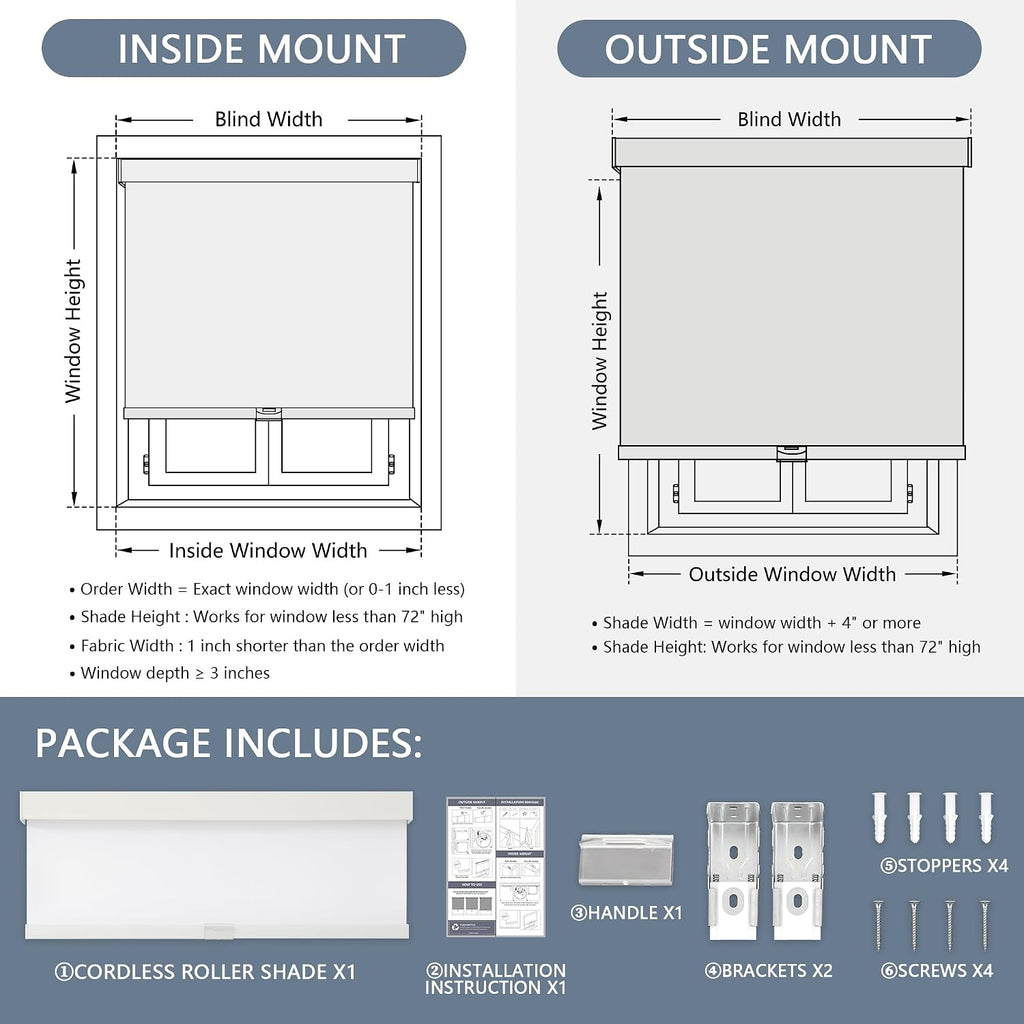 Cordless Blackout Roller Shades, 46" W x 72" H, White | Cordless Free-Stop Design, Built-in Valance, Thermal Insulated Fabric, UV Protection for Home & Office - view 5