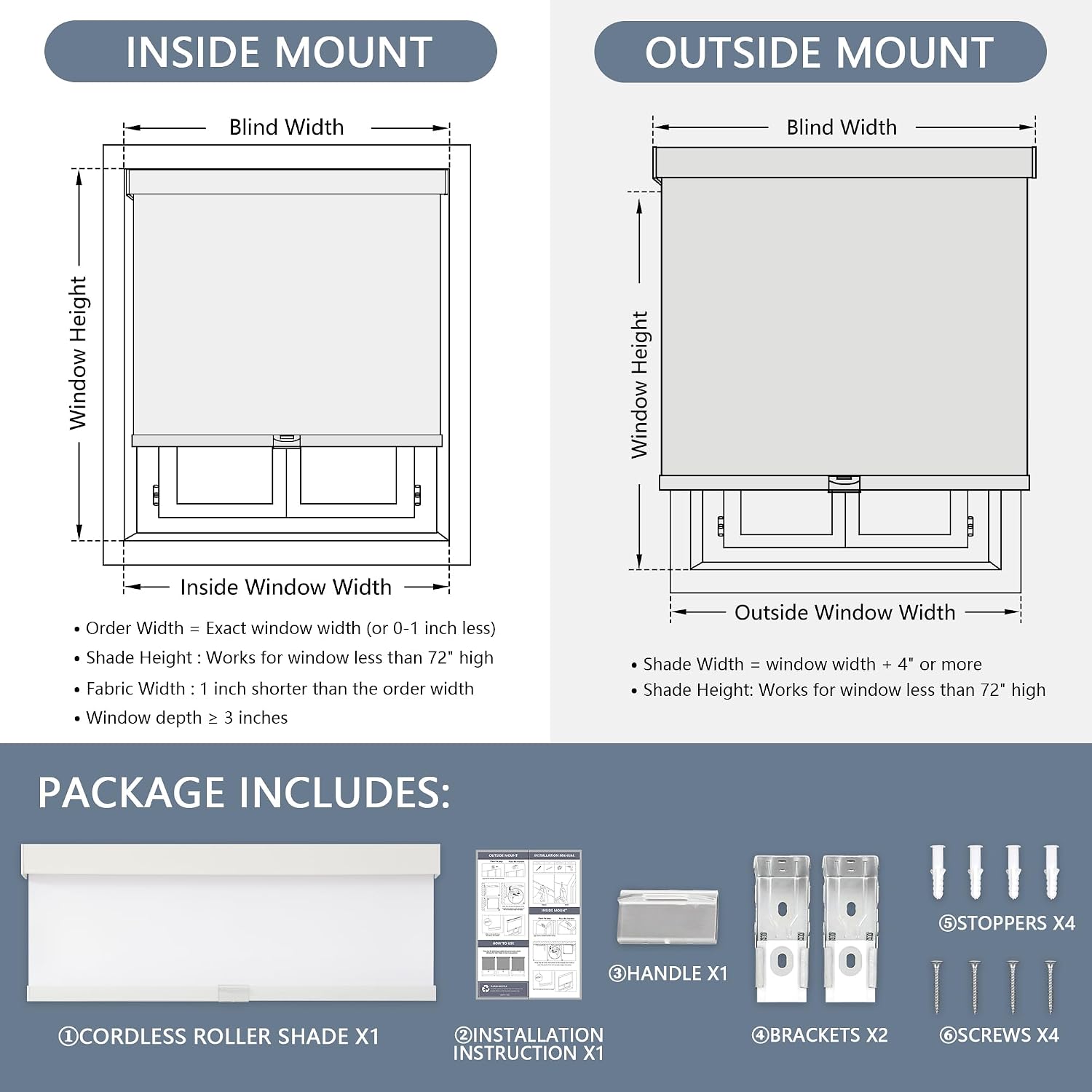 Cordless Blackout Roller Shades, 46" W x 72" H, White | Cordless Free-Stop Design, Built-in Valance, Thermal Insulated Fabric, UV Protection for Home & Office - view 5