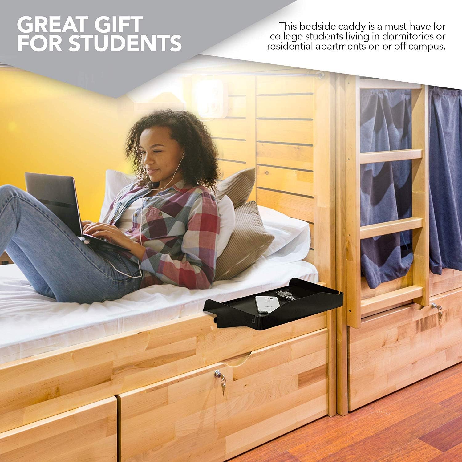Bedside Shelf for Bed, College Dorm Room, Bunk Bed Shelf/Caddy for Top Bunk, Clip On Nightstand Tray with Cord and Cup Holder for Table Storage (White) - view 5