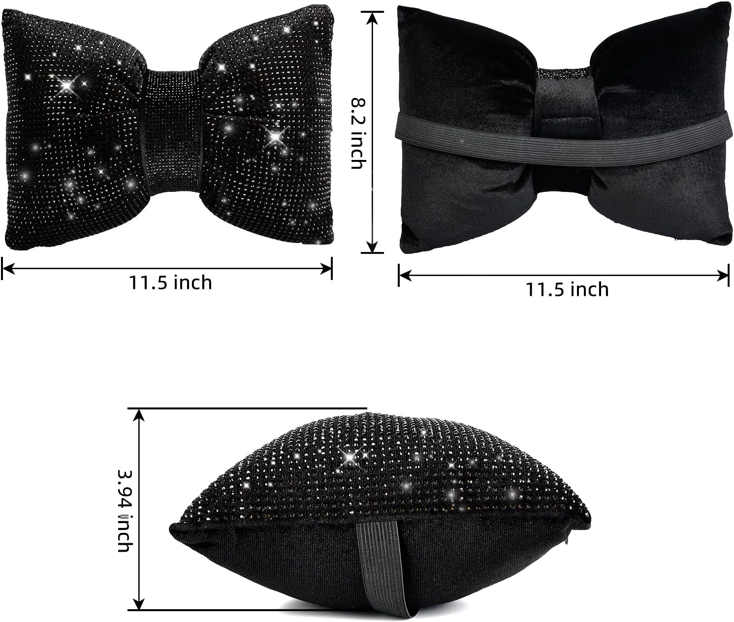 2 pcs bling car pillows, rhinestones bowknot car headrest pillow, black, car neck pillow for driver relax neck support, sleeping travel support neck pillow, diamond interior accessories for women - view 3