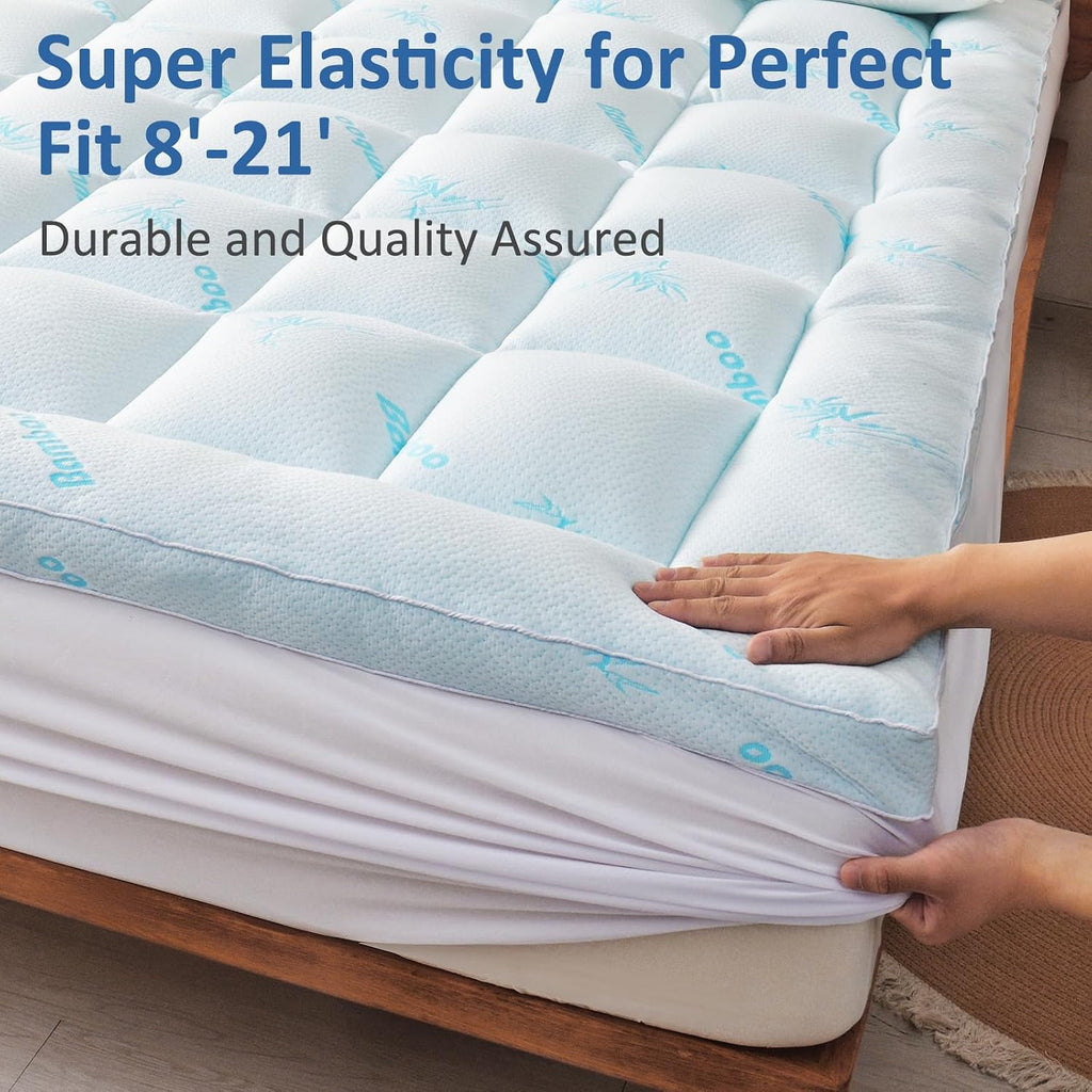 Mattress Topper Queen Size - Cooling Extra Thick Breathable Viscose Made from Bamboo Mattress pad - Soft Quilted Fitted Mattress Cover with 900 GSM Down Alternative Fill (8-21”Deep Pocket) - view 5
