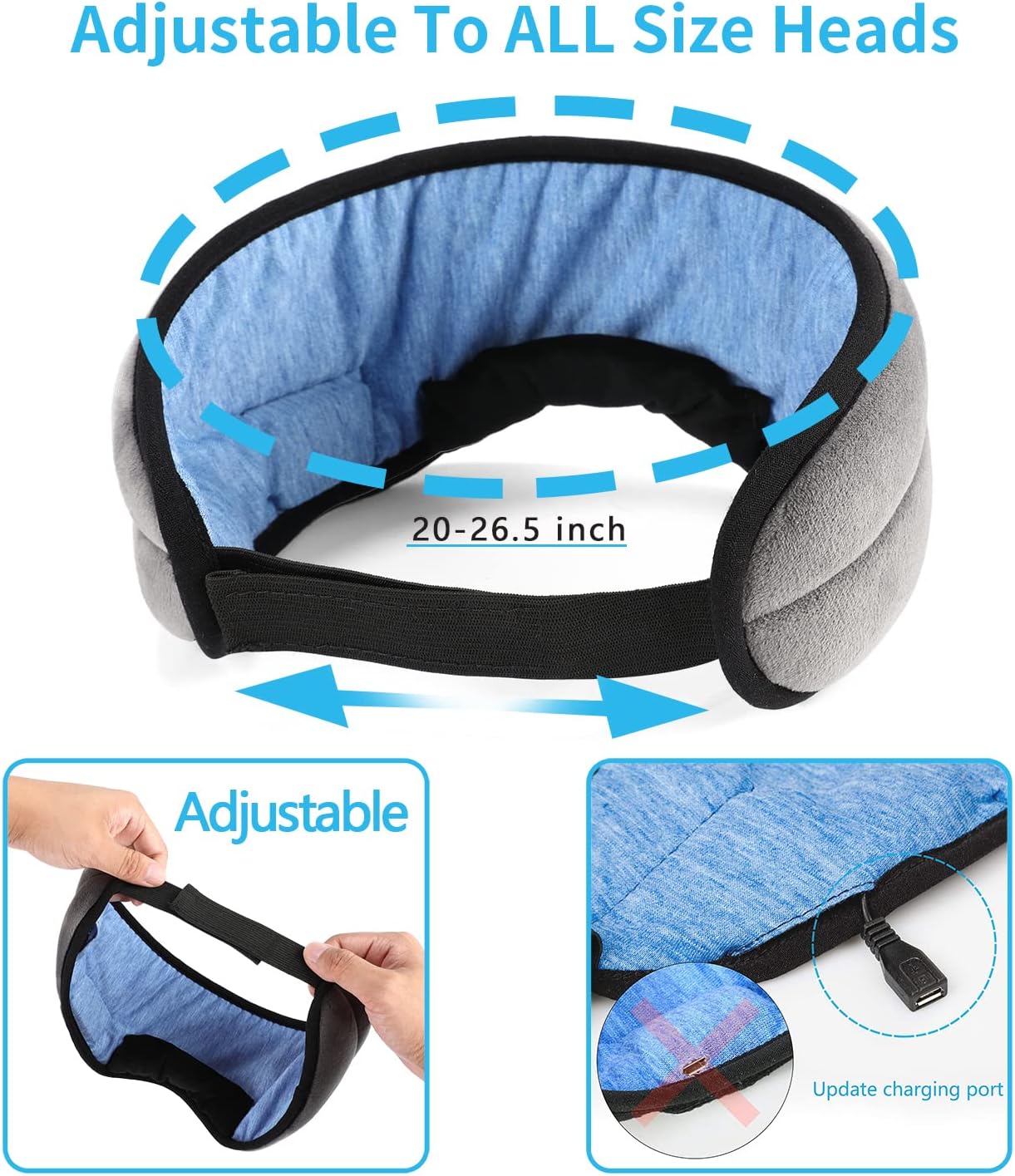 Wireless Sleep Mask,SKEYEOL Sleep Headphones,Adjustable&Washable Music Travel Sleeping Headset with Built-in Speakers Microphone Hands-Free for Air Travel,Siesta and Sleeping Grey - view 4