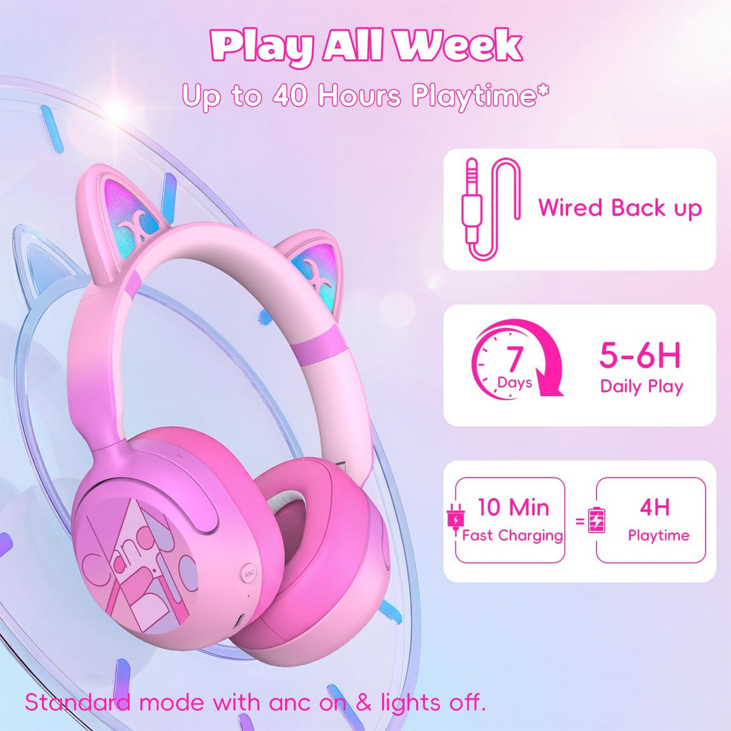 Kids Bluetooth headphones with LED cat ears, 85dB limit, pink, active noise cancelling, 40-hour playtime, Bluetooth 6.0, fast charging, built-in mic, compatible with iPad and tablets - view 4