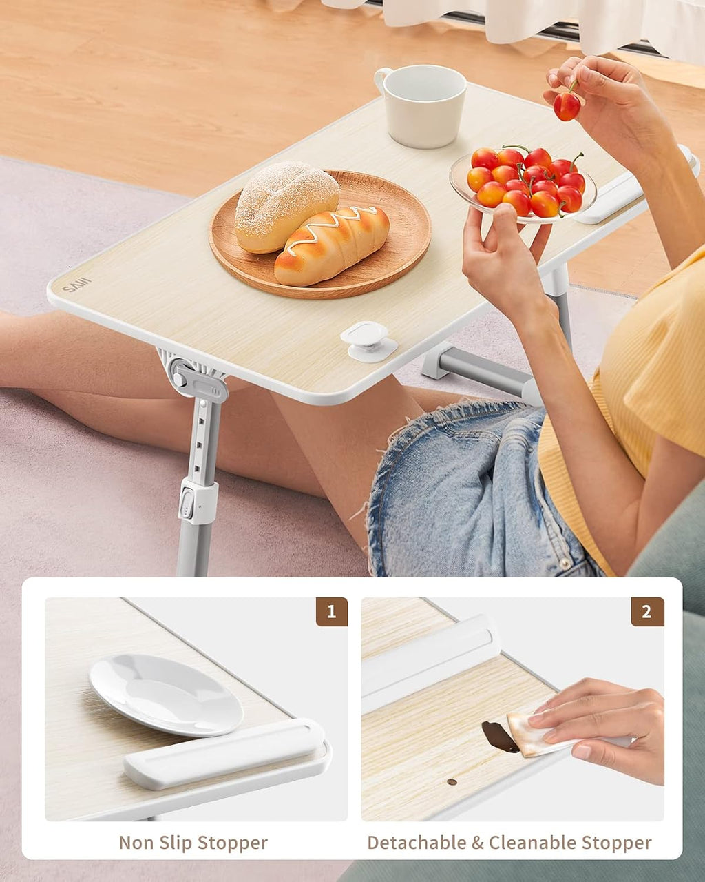 Laptop bed tray table, adjustable standing desk lap desk | for sofa couch floor working studying reading writing eating, fit up to 17" laptop (large, teak) - view 2