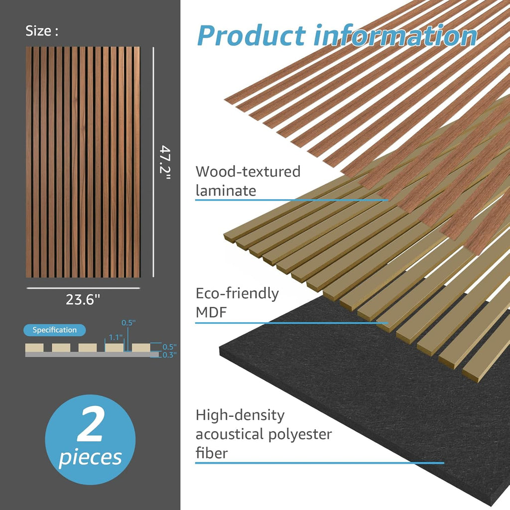 2 Wood Slat Acoustic Panels for Wall and Ceiling - 3D Fluted Sound Absorbing Panel with Wood Finish - Walnut | Noise Control, Easy to DIY, Natural Texture, Sustainable Material, Ideal for Homeowners, Designers, for Living Room, Office - view 5
