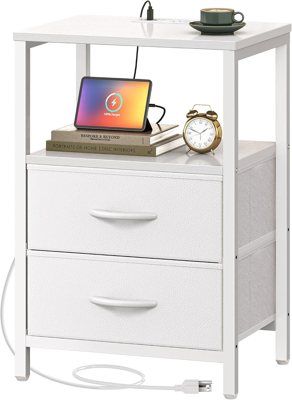 Nightstand with charging station, side table with 2 fabric drawers, end table with open shelf, bedside table with USB-C port and outlets, night stand, PU leather, White
