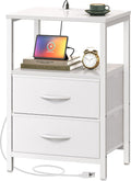 Nightstand with charging station, side table with 2 fabric drawers, end table with open shelf, bedside table with USB-C port and outlets, night stand, PU leather, White