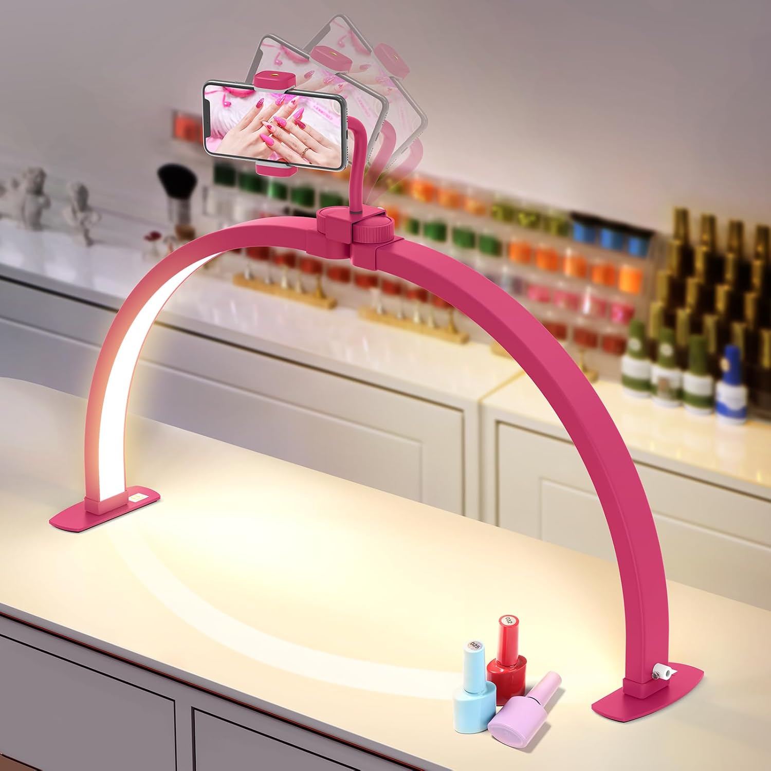 Half moon light for nail desk: 29" foldable nail light for desk | AB diamonds arch nail tech light with phone holder for beginner - 3 color modes & 10 brightness for manicure salon - rose red