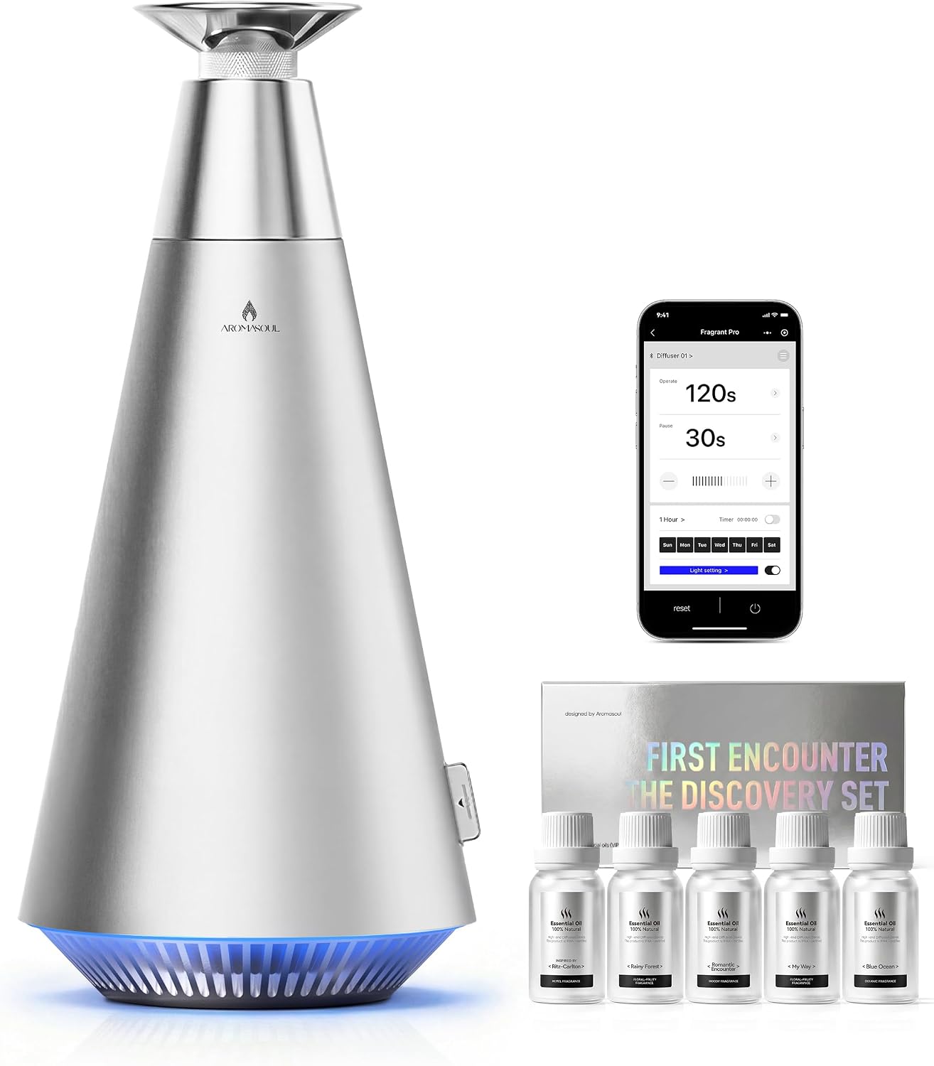 All-Metal Waterless Scent Diffuser Kit – 1500 Sq.Ft Coverage, Wireless Rechargeable,App Control, Mood Light, Hotel Scent Diffuser, Includes 5×15ml Essential Oils, for Home,Large Room,Spa,Silver