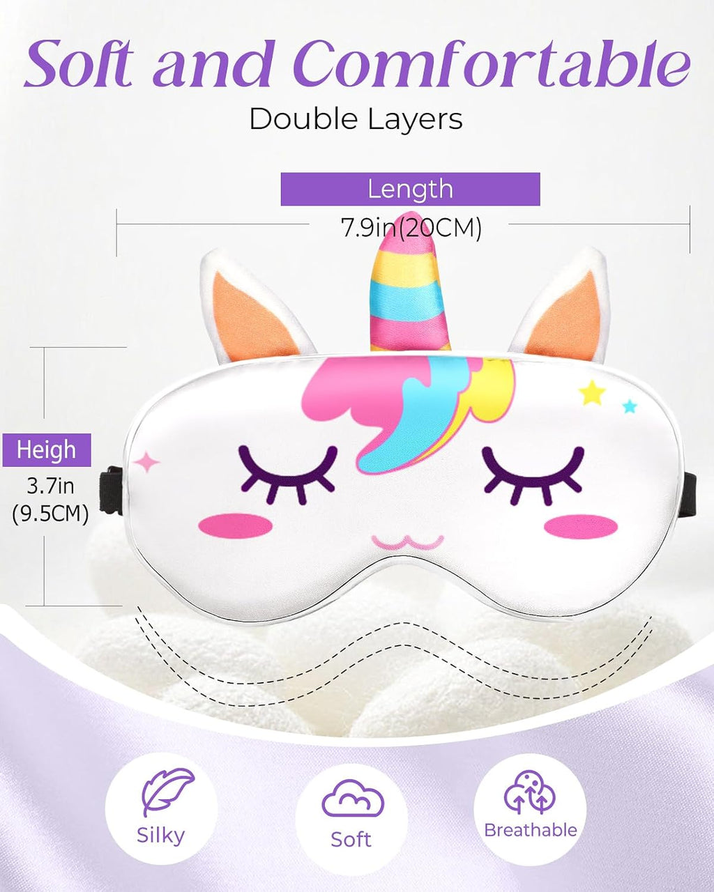 Sleep Mask for Kids - Valentines Gift for Kids Cute Silk Eye Cover for Sleeping Soft Kawaii Eyeshade Animal Eye Blindfold with Adjustable Strap for Girls Teens, Unicorn - view 3