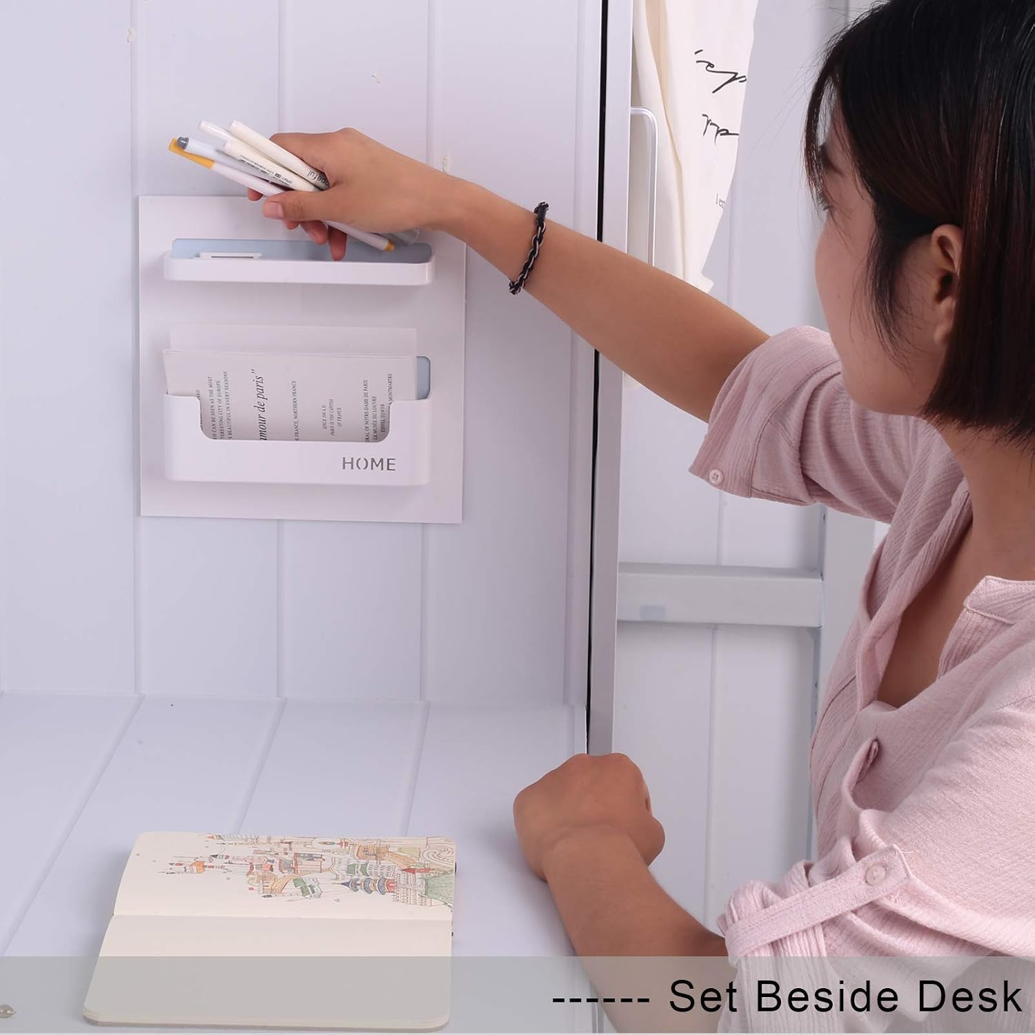 Bedside shelf bedroom dorm room rack organizer storage - use as kid student wall shelf to organize headphone, remotes, glass, cellphones (Vertical type/White)
