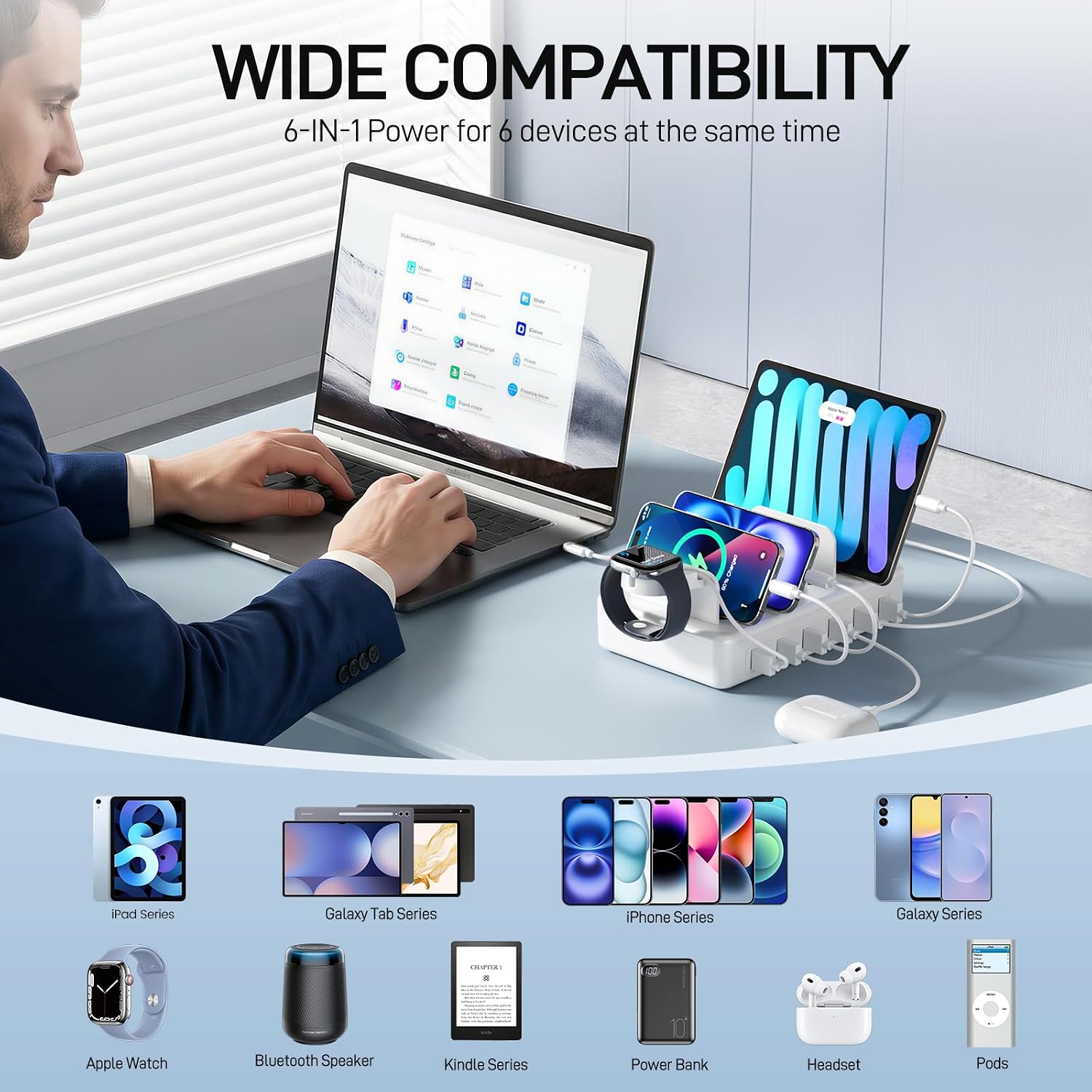 Charging station for multiple devices, 50W 6 ports charging dock with stand | 6 cables, compatible with cellphone, tablet, Kindle, Apple watch and other electronic, 1 USB-A to USB-C adapter converter - view 4