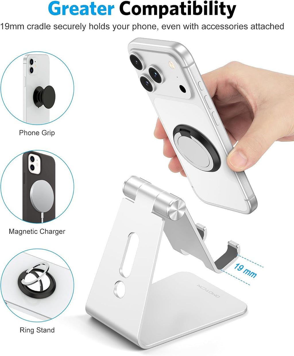 C2 Adjustable Aluminum Cell Phone Stand with Charging Cutout, Silver | Sturdy 3mm Base with Non-Slip Silicone Pads, Multi-Angle, Works with 19mm Thick Cases Smartphones, Desktop Recording Facetime - view 5