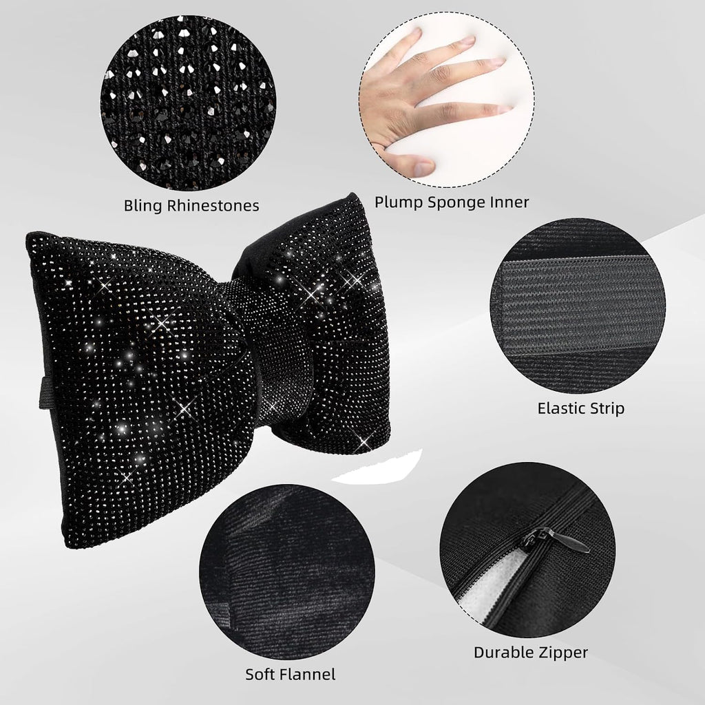 2 pcs bling car pillows, rhinestones bowknot car headrest pillow, black, car neck pillow for driver relax neck support, sleeping travel support neck pillow, diamond interior accessories for women - view 5