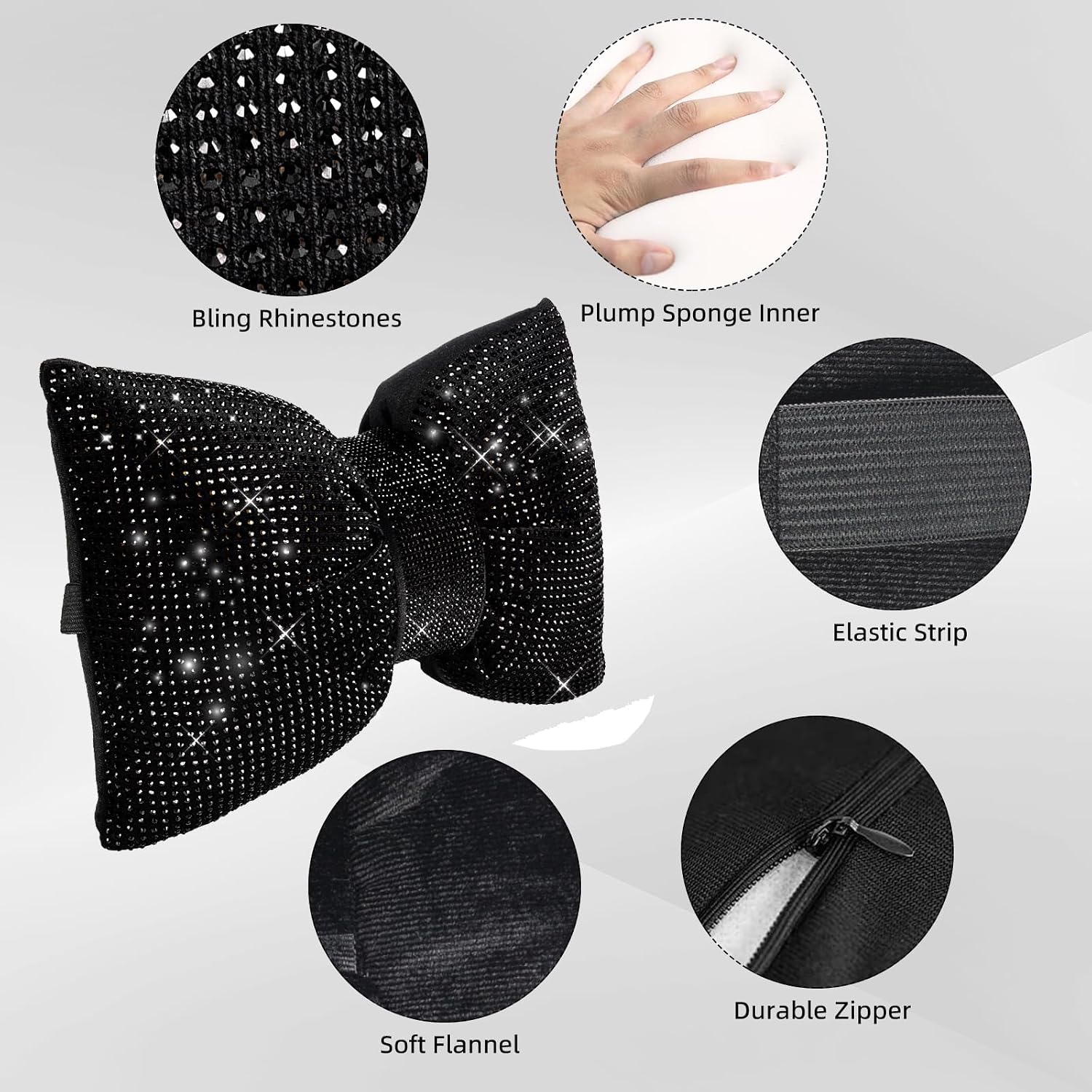 2 pcs bling car pillows, rhinestones bowknot car headrest pillow, black, car neck pillow for driver relax neck support, sleeping travel support neck pillow, diamond interior accessories for women - view 5