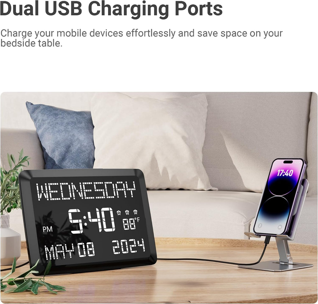 11.5-inch large digital wall clock with date and day | tabletop or wall clock for seniors with alarm, battery backup, 5-level dimmer, dual USB, indoor temperature and 12/24H - view 5