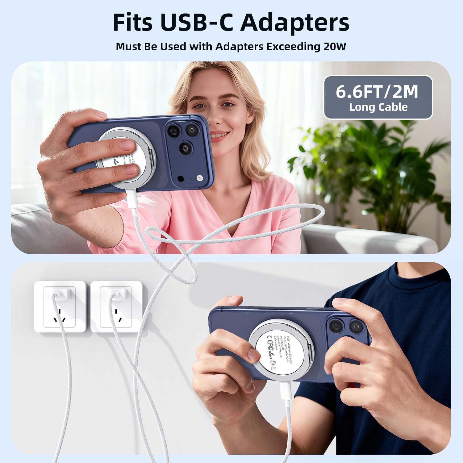 2 in 1 magnetic wireless charger pad & stand for iPhone 12-17 (all series) with 6.6ft USB-C woven charging cable - view 6
