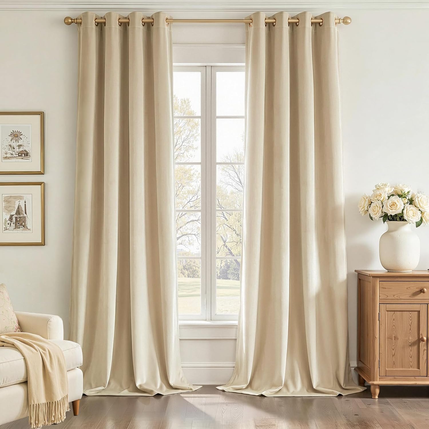 102 Inches Long Custom Blackout Velvet Curtains, Beige Cream Soundproofing Pleated Noise Cancelling Grommet Curtains,Viral Drapes 2 Panels for Living Room Bedroom
