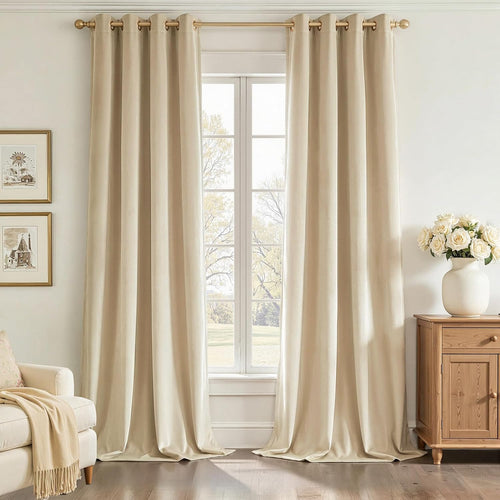 102 Inches Long Custom Blackout Velvet Curtains, Beige Cream Soundproofing Pleated Noise Cancelling Grommet Curtains,Viral Drapes 2 Panels for Living Room Bedroom