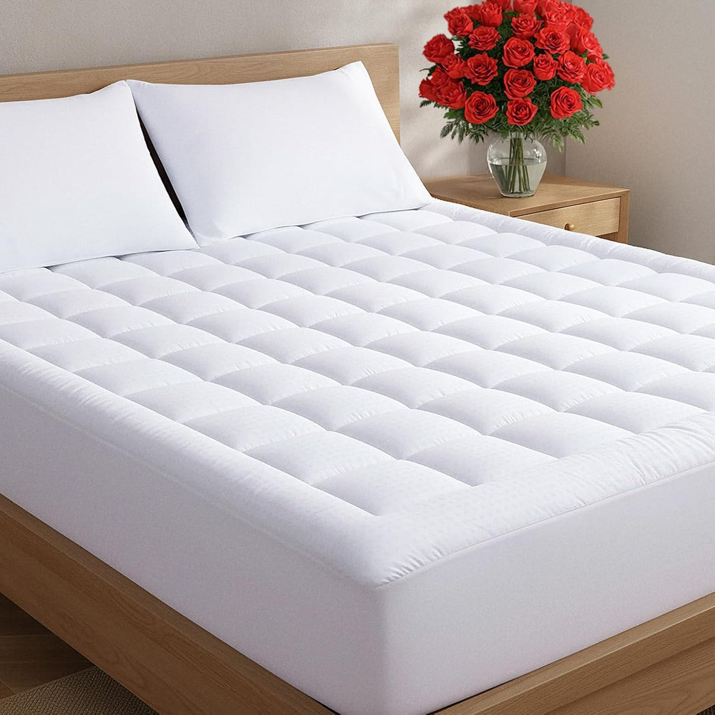 Extra Thick Quilted Fitted Mattress Pad Protector Queen Size - White | Elastic Fitted Mattress Topper & Cover, Breathable, Soft, Thick Plush Pillow-Top with 8-16 Inch Deep Pockets, Washable, Comfy