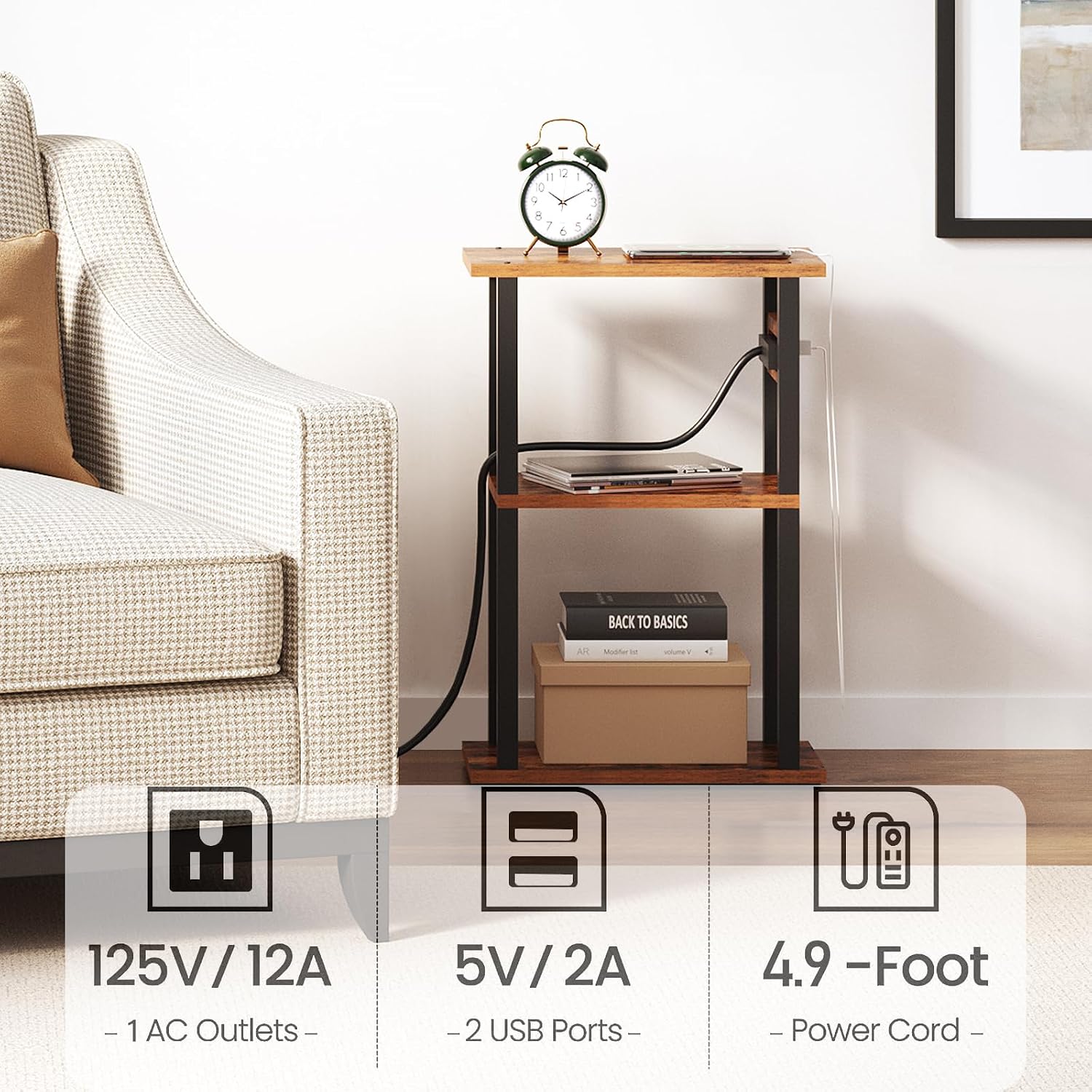 Small Narrow Side Table with Charging Station, Skinny End Table | for Small Spaces, Slim Nightstand with USB Ports and Outlet, Sofa Beside Table with Wheels, Brown TB01BB046 - view 6