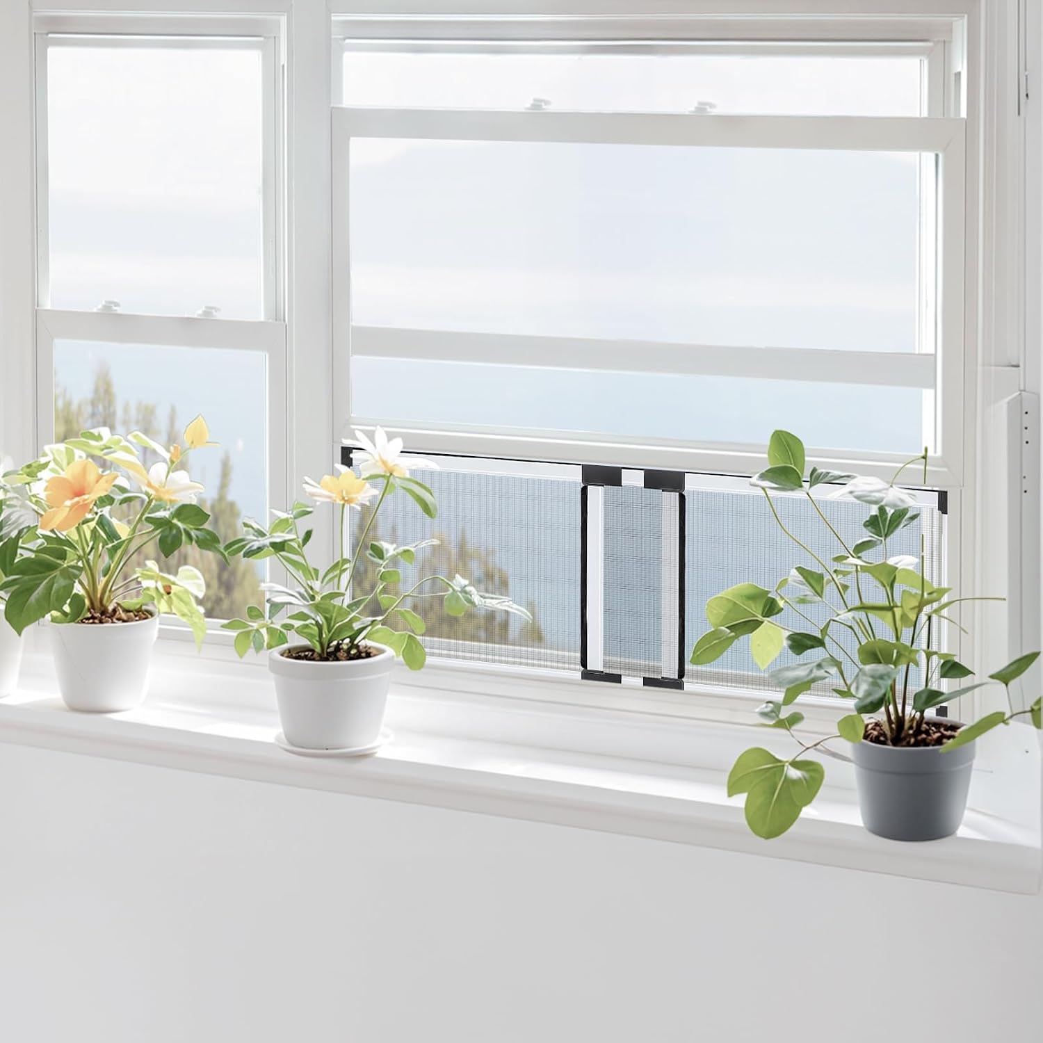 Window screen, fixed 19.68" height, fits window opening width 28" to 52", adjustable sliding screen insert, large, 2-pack - view 5