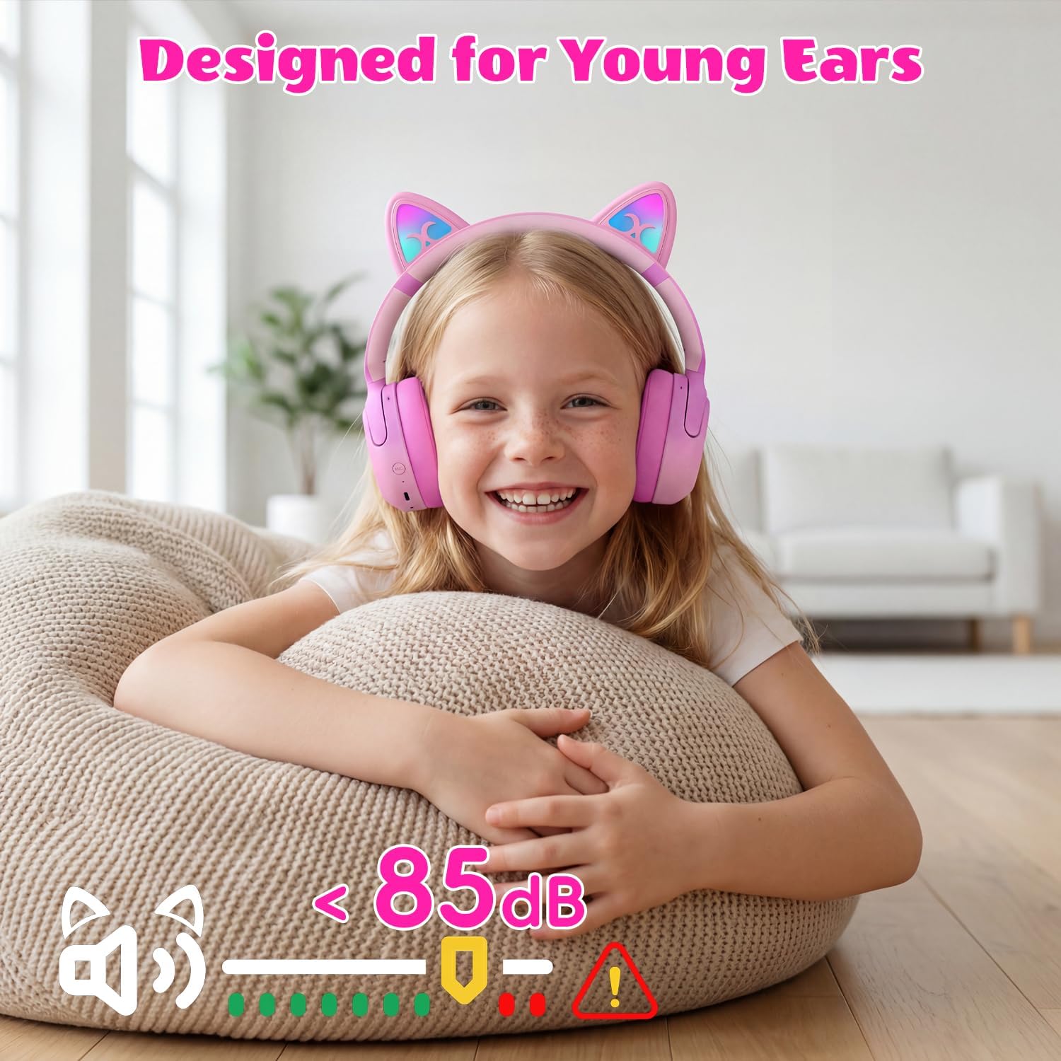 Kids Bluetooth headphones with LED cat ears, 85dB limit, pink, active noise cancelling, 40-hour playtime, Bluetooth 6.0, fast charging, built-in mic, compatible with iPad and tablets - view 5