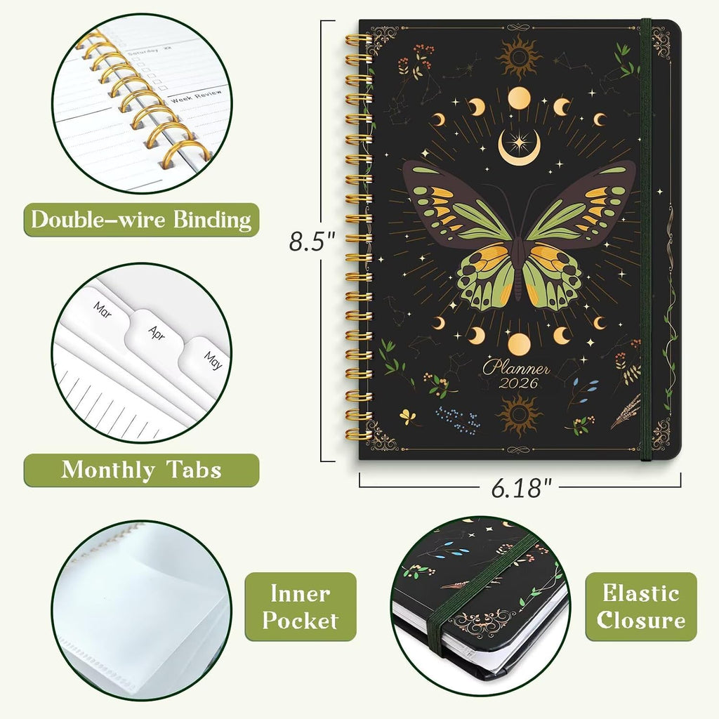 2026 Planner, A5 Weekly and Monthly Planners with Tabs, Spiral Bound Daily Calendar 2026 Planner, Agenda Organizers from Jan. to Dec., Hardcover Habit Tracker Journal 6.18" x 8.5"(Green Butterfly) - view 6