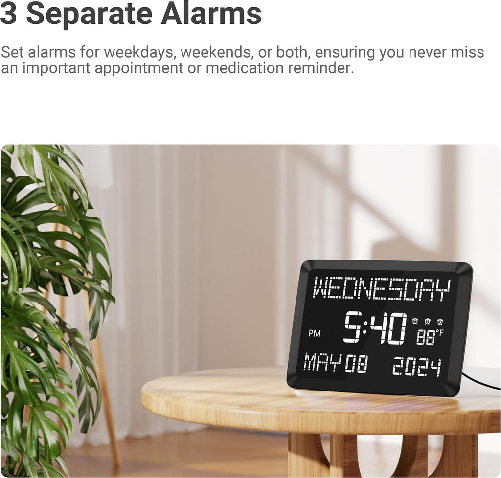 11.5-inch large digital wall clock with date and day | tabletop or wall clock for seniors with alarm, battery backup, 5-level dimmer, dual USB, indoor temperature and 12/24H - view 3