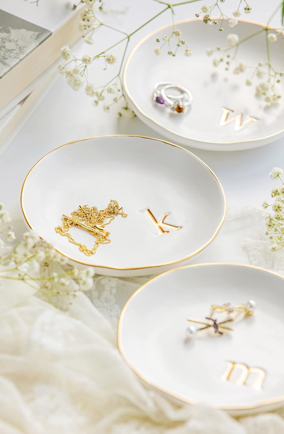 Ceramic Jewelry Tray, Trinket Dish, Gifts for Women (R) | Mother's Day, Birthday, Christmas, Engagement Gifts, Vanity, Nightstand Decor, Embossed Gold Monogram Ring Dish with Gift Box - view 4