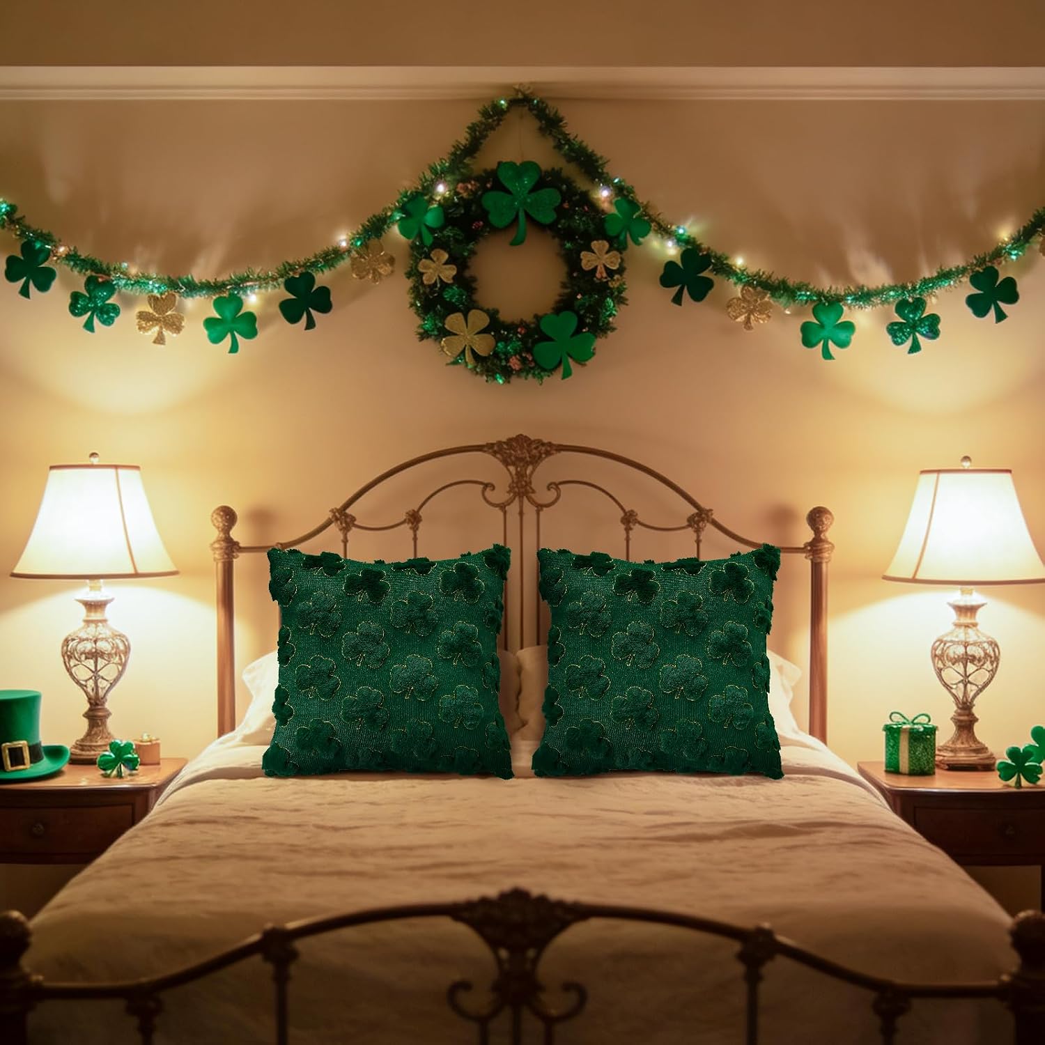 St Patricks Day Decorations Pillow Covers 18x18 inch Set of 2 Home Decor | Shamrock Shaped Pattern Faux Fur Soft Plush Home Decor St Patricks Pillow Case for Indoor Outdoor Sofa Bedroom Living Room - view 6
