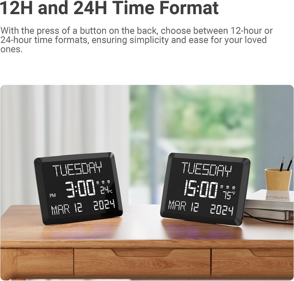 11.5-inch large digital wall clock with date and day | tabletop or wall clock for seniors with alarm, battery backup, 5-level dimmer, dual USB, indoor temperature and 12/24H - view 6