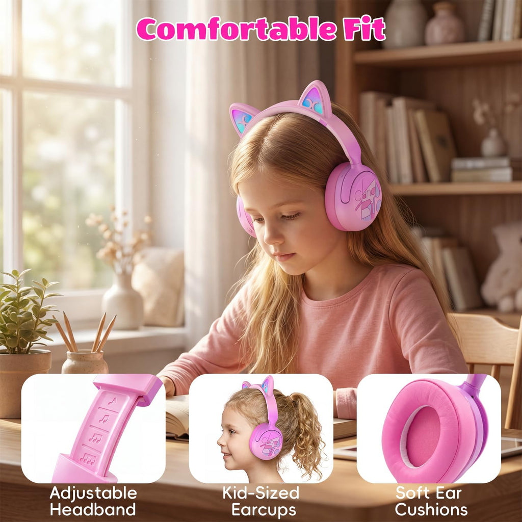 Kids Bluetooth headphones with LED cat ears, 85dB limit, pink, active noise cancelling, 40-hour playtime, Bluetooth 6.0, fast charging, built-in mic, compatible with iPad and tablets - view 7